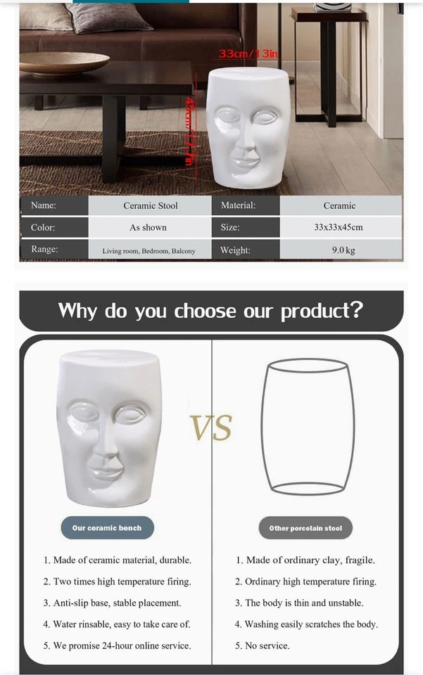 Glazed Human Face Shape Drum Stool  Decorative Ceramic Garden Statue Bronze Gold - Image 4 of 4