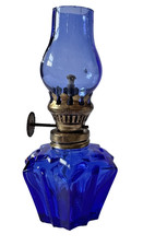 Mini Oil Hurricane Lamp Cobalt Blue Glass Hong Kong 4 1/2 In