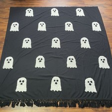Chenille Ghosts Halloween Shower Curtain 69.5x72 Black Ivory Fringe Spooky