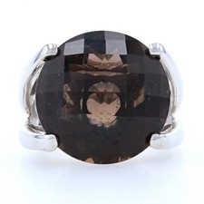 Silver Smoky Quartz Cocktail Solitaire Ring - 925 Round Cut 17.00ct Size 5 3/4