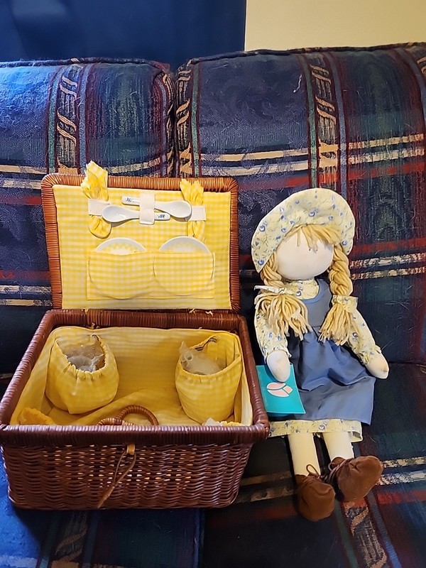  Delton Porcelain Tea Set, Wicker Basket And Doll 