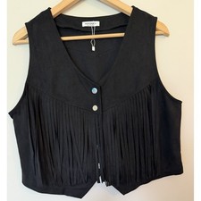 Western Women's Suede Fringe Trim Sleeveless Crop Vest Size M