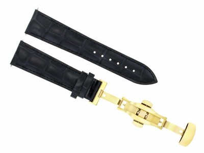 19mm Black Leather Replacement Watch Strap Gold Deployment Clasp For Longines