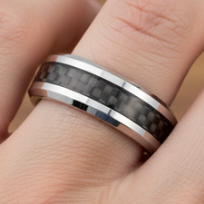 6mm Men s Tungsten Band with Black Carbon Fiber Accent and Beveled Design