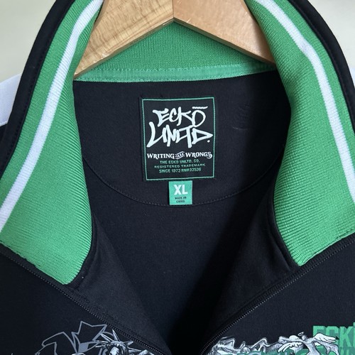 Y2K Ecko Unltd Black Green Track Jacket Zip Up Coat Graffiti Hip Hop Rap Size XL - Picture 8 of 20