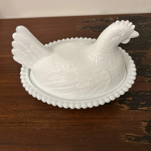 Vintage Indiana Glass Milk Glass Hen on Nest 2pcs Beaded Edge 8” Length