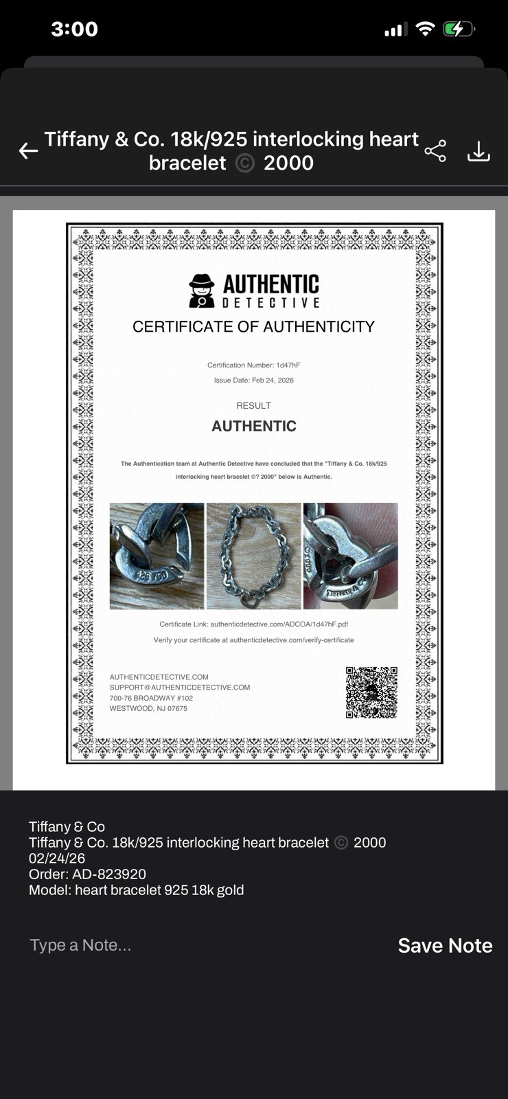 Authenticated Tiffany 18K 925 Interlocking Hearts… - image 2