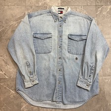 Vintage 90s Tommy Hilfiger Faded Denim Button Up Long Sleeve Shirt Size XL