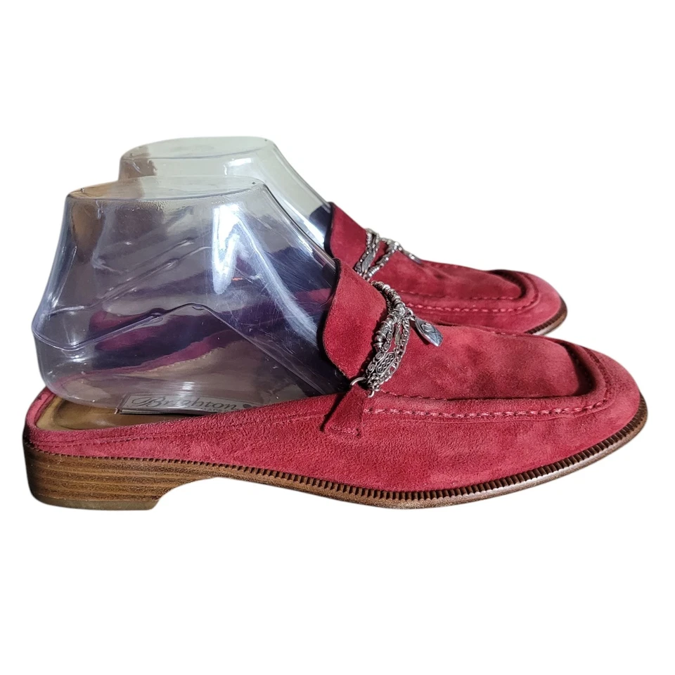 Brighton Gamuza Cuero Sin Cordones Para Mujer 7.5 Rojo Plata Dije Hecho en Italia Foto 2 de 4