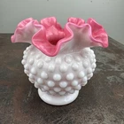 Vtg FENTON Pink & White Milk Glass Hobnail Peach Blow Ruffle Top 4 1/2" Vase