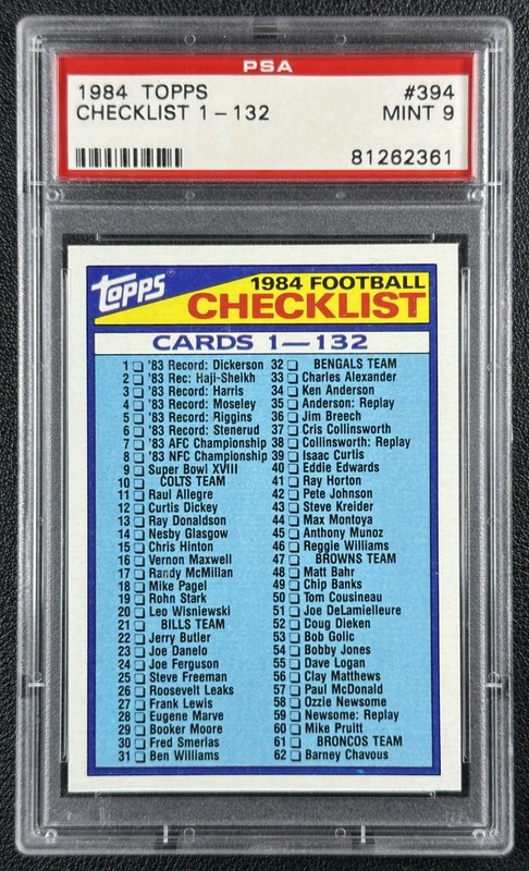 CHECKLIST 1-132 PSA 9 1984 TOPPS FOOTBALL #394 MINT 2361