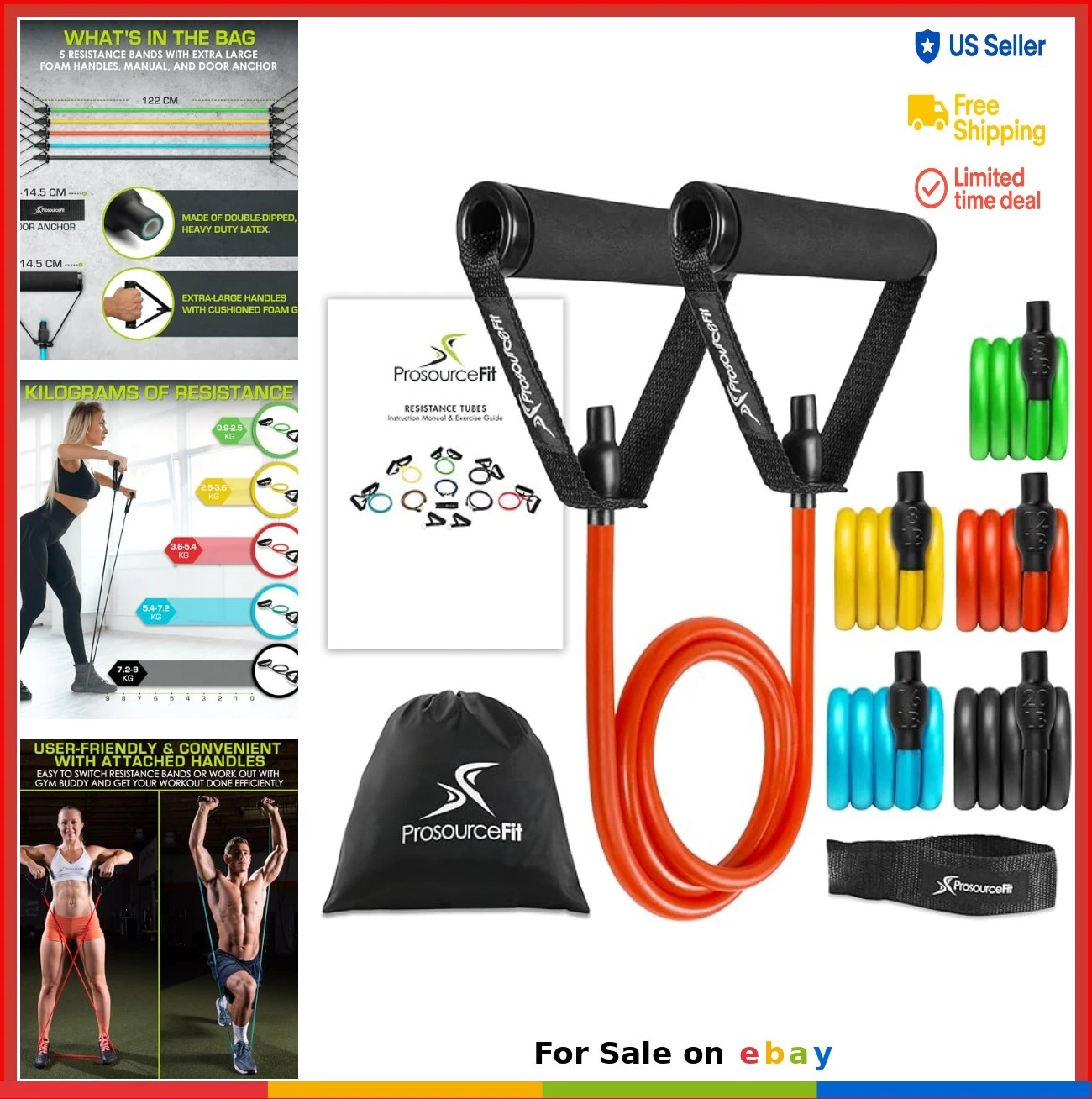 Resistance Bands Set 5 Tubes 48 Inch with Handles Door Anchor Exercise Guide