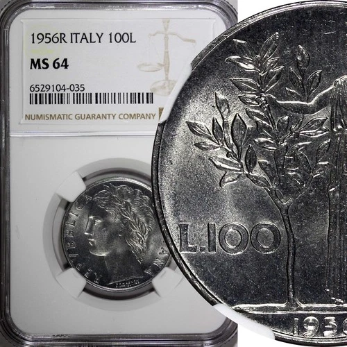 Italy Stainless Steel 1956 R 100 Lire large type NGC MS64 KM# 96.1 (035)