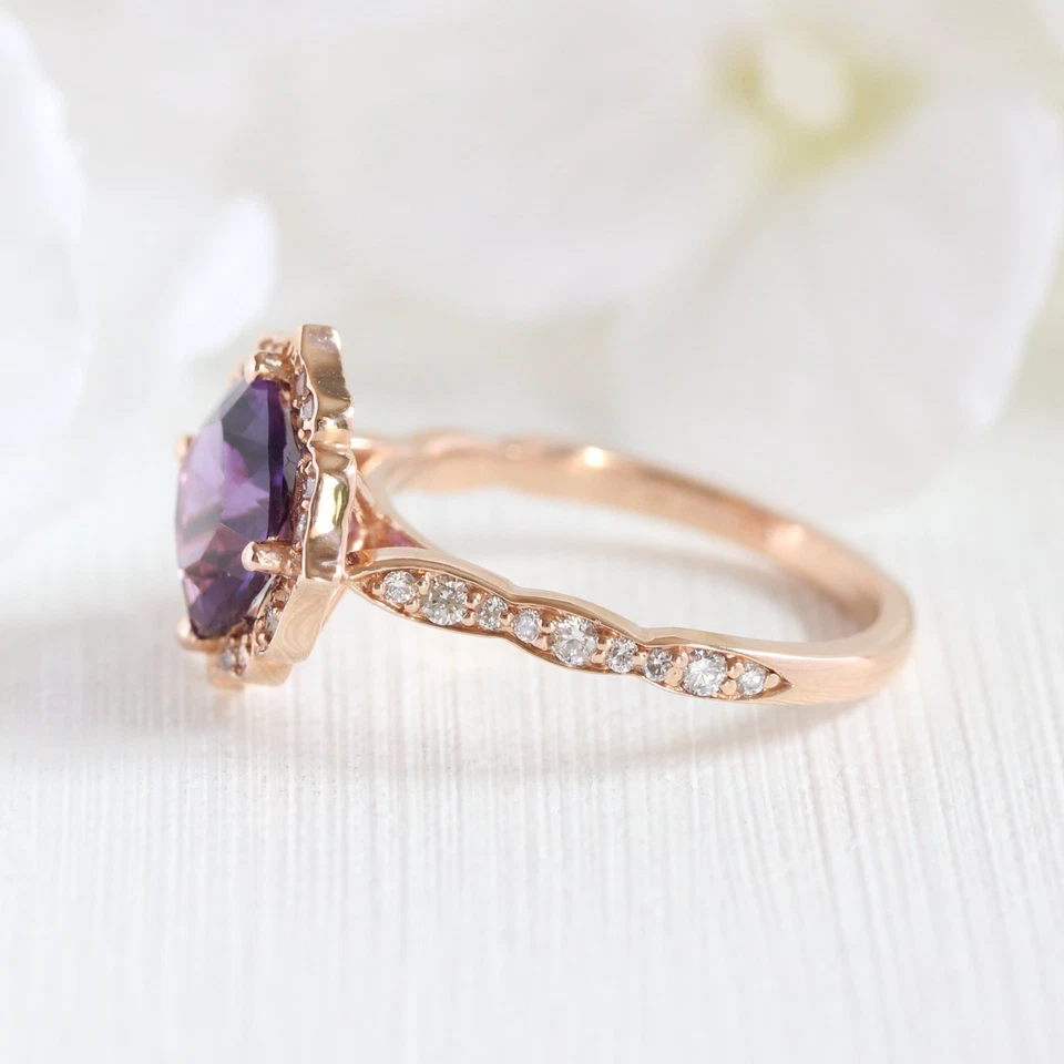 Anillo de compromiso elegante amatista púrpura creado en laboratorio de 1,2 quilates enchapado en oro rosa de 14 k Foto 4 de 4