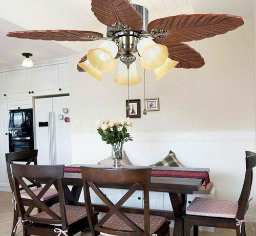 Bedroom Ceiling Fan Lights 5 Head Wooden Fans Iron Leaf Blades Traditional Style - Picture 3 of 9