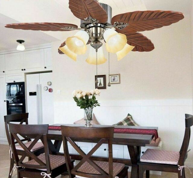 Bedroom Ceiling Fan Lights 5 Head Wooden Fans Iron Leaf Blades Traditional Style OI10190