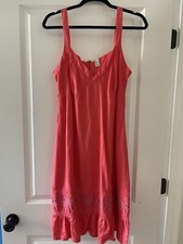 Old Navy Boho Coral Linen Cotton Dress Floral Embroidered Ruffle Hem Size 10