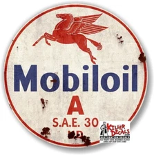(MOBI-56) 18"  MOBIL MOBILOIL ROUND RUSTY LOOK LUBSTER DECAL GAS PUMP GASOLINE