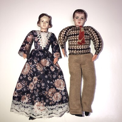 Vintage W. German Caco Dollhouse Dolls Mother & Father Thread Wrapped Legs