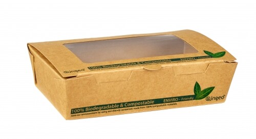 100x 900ml PLA Ingeo Compostable Tuck Top Brown Kraft Window Salad Box Container
