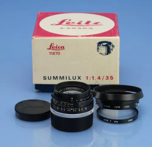 LEICA LEITZ 35MM SUMMILUX-M F1.4 11870 LENS +12504 SHADE +BOX. RARE FOCUS LOCK!