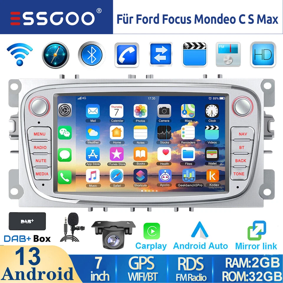 DAB+ Autoradio Android 13 Carplay GPS Navi RDS Für Ford Focus MK2 Mondeo C S Max - Bild 1 von 4