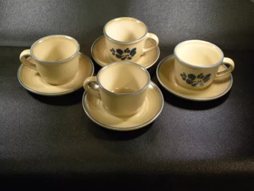 8 pcs. Pfaltzgraff Folk Art Coffee Cups Set Of 4  Stoneware Tea Mugs & Saucers