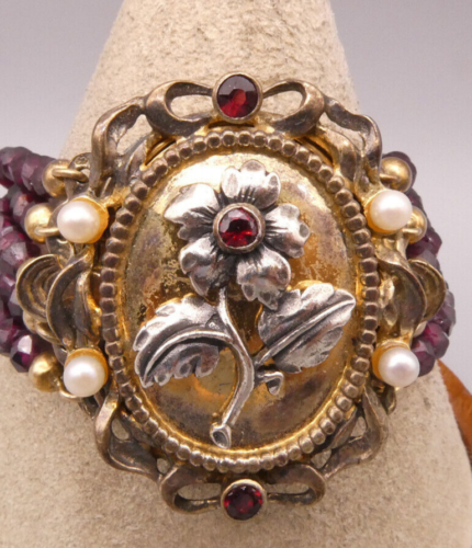 Armband Silber 835 tlw. vergoldet prunkvoll TRACHT Blume Granat/Stränge Perle - Zdjęcie 1 z 9