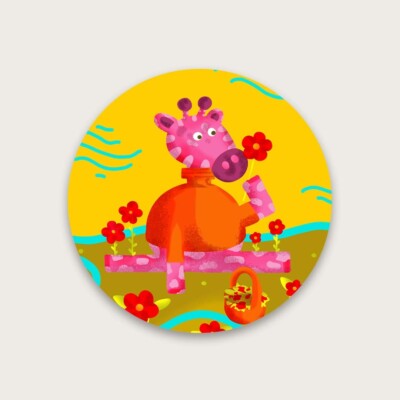 Sticker Vinyl Giraffe Flowers Yellow Decoration Round form Adorable Cute