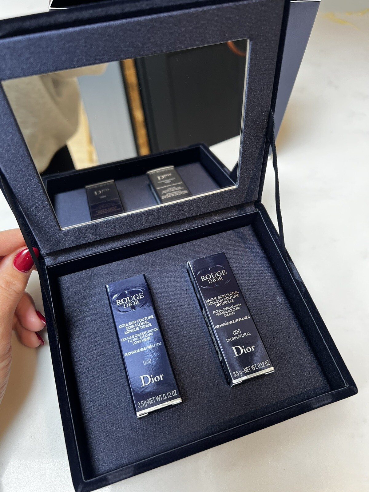 Dior Lipstick Gift Set Red lipstick & Clear lip balm in velvet mirror case