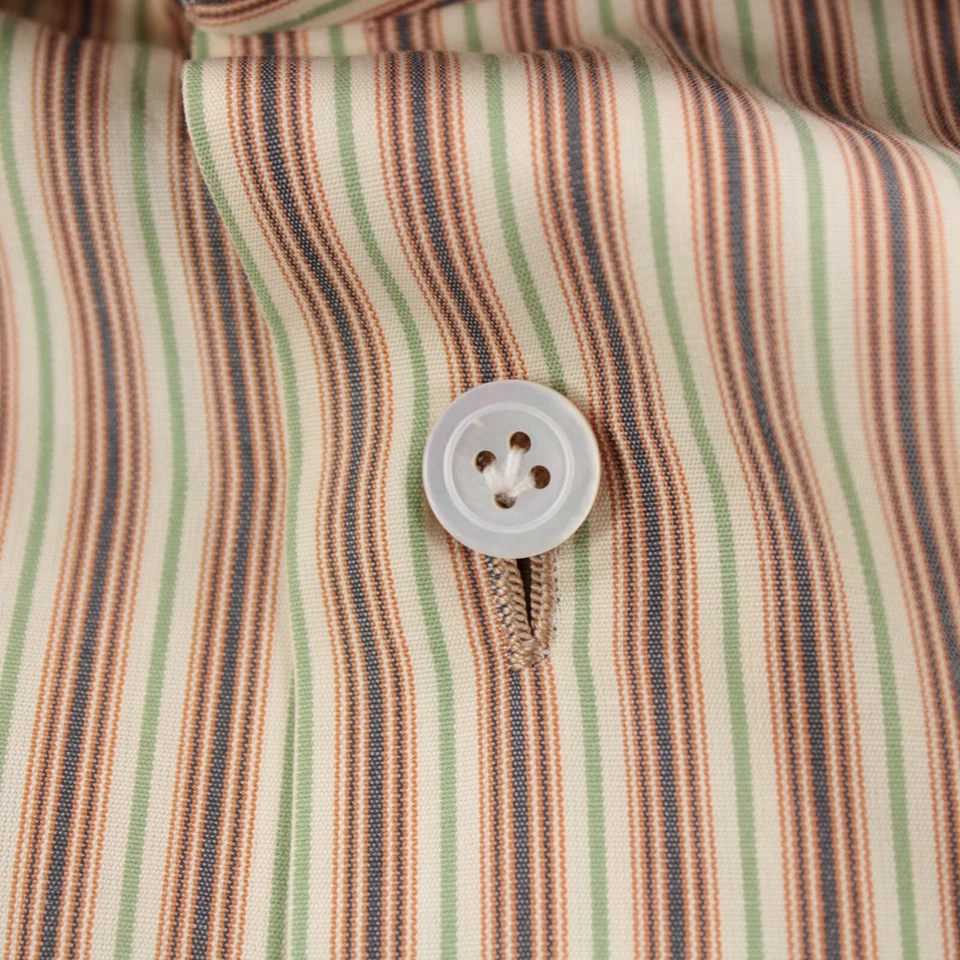 Camisa social Kiton nova com etiquetas tamanho 15,75 40 laranja creme e listrada verde 100% algodão - Imagem 4 de 4