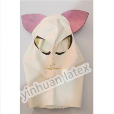 Cat Ear Latex Hood Mask White with Pink Back Zip Halloween Cosplay Costumes