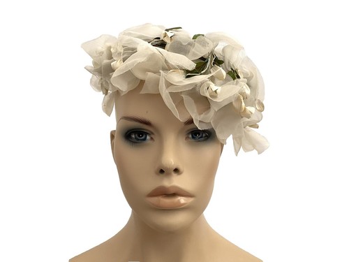 White Puff Hat Vintage 50s Organza Elegant Tea Party Wedding 