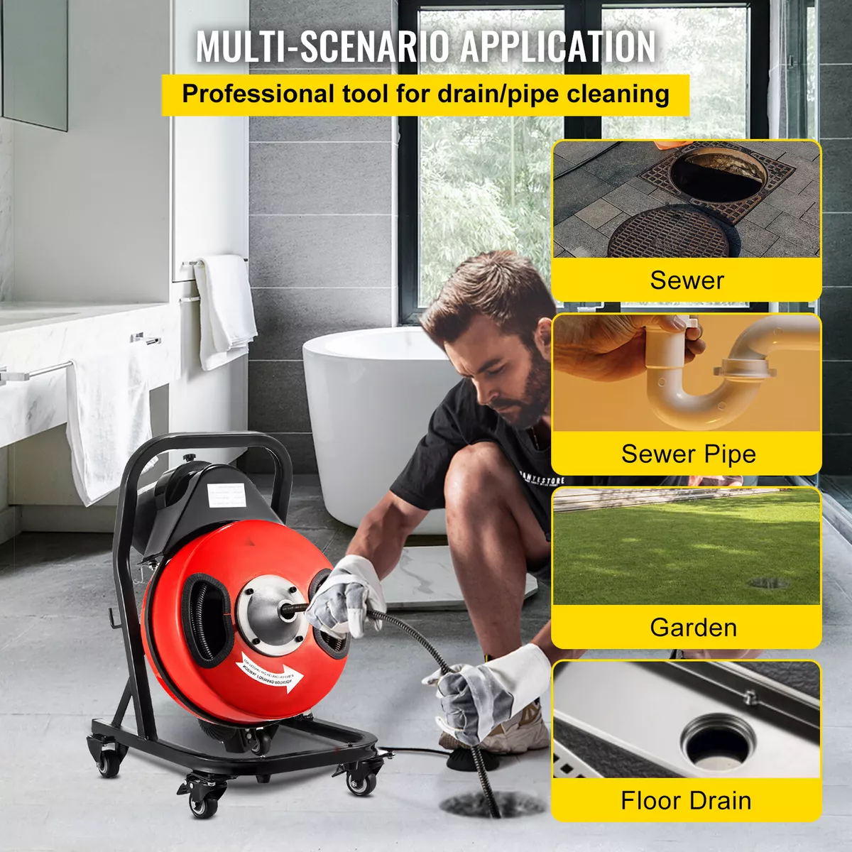 VEVOR Drain Cleaner Machine Electric Drain Auger 50FTx1 2In Cable 250W w Wheels