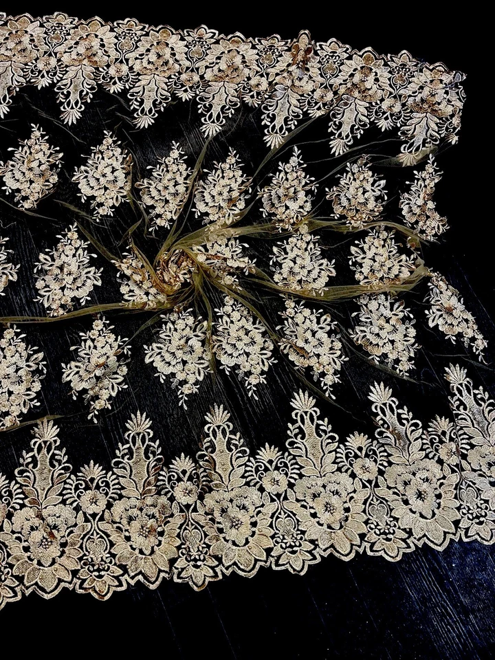 1.5 Meters Gold   Embroided  Double Boarded Scalloped Bridal lace Fabric 55” new - Image 4 of 4