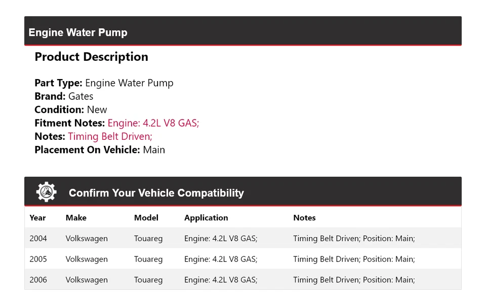 Para Volkswagen Touareg 2004-2006 4,2 L V8 motor gas bomba de agua puertas principales 2005 Foto 2 de 4