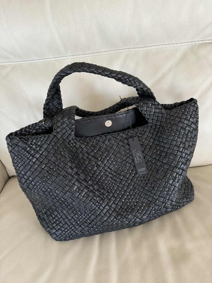 FALOR -ITALIAN Woven Soft Leather ~BLACK Tote Shoulder Bag XL NWT