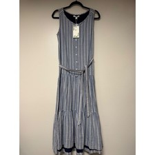 Chelsea & Violet Maxi Dress Small Blue Striped Sleeveless Button Front Belted