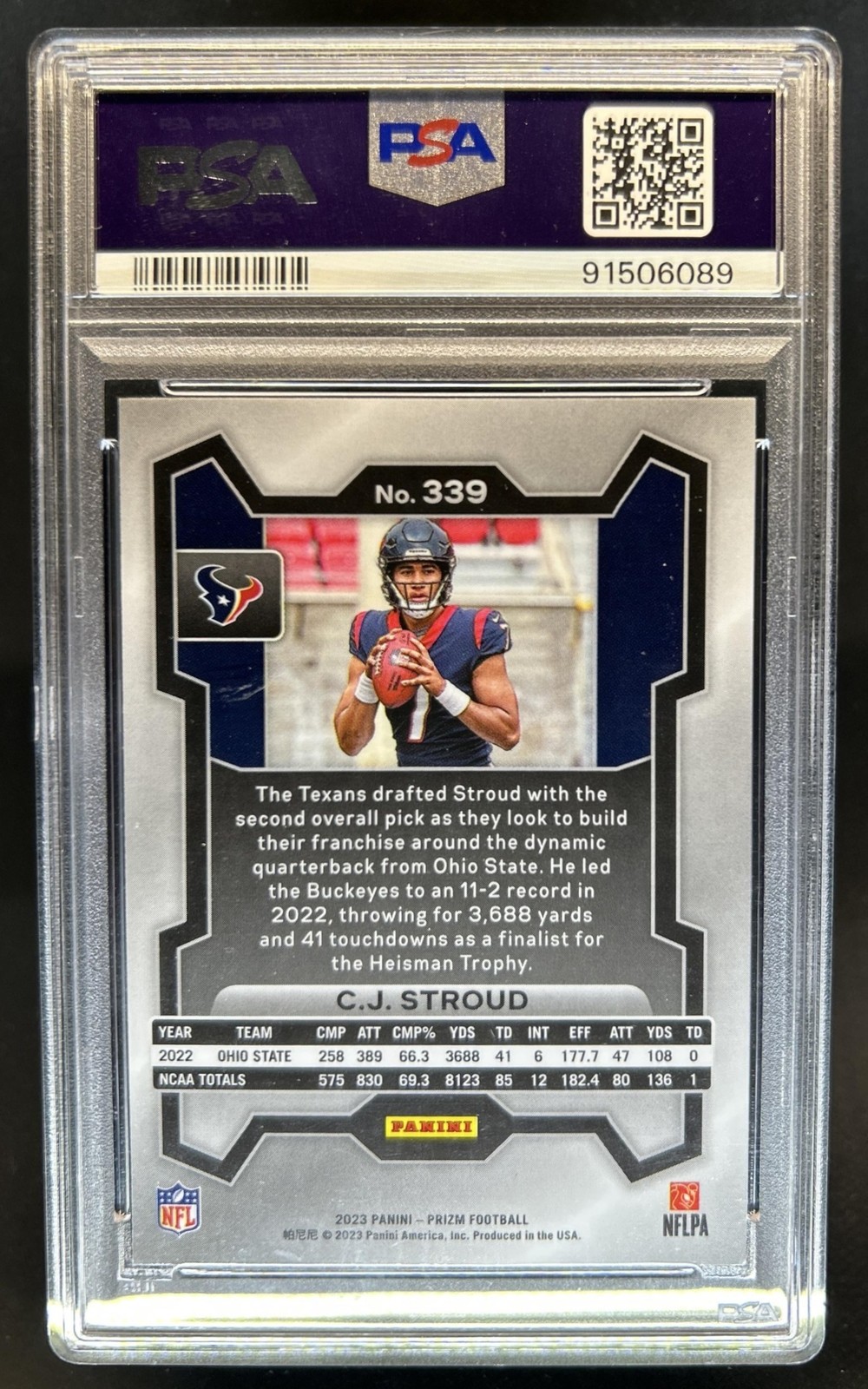 2023 Panini Prizm C.J. Stroud RC Rookie #339 Texans PSA 10 GEM MINT view 2