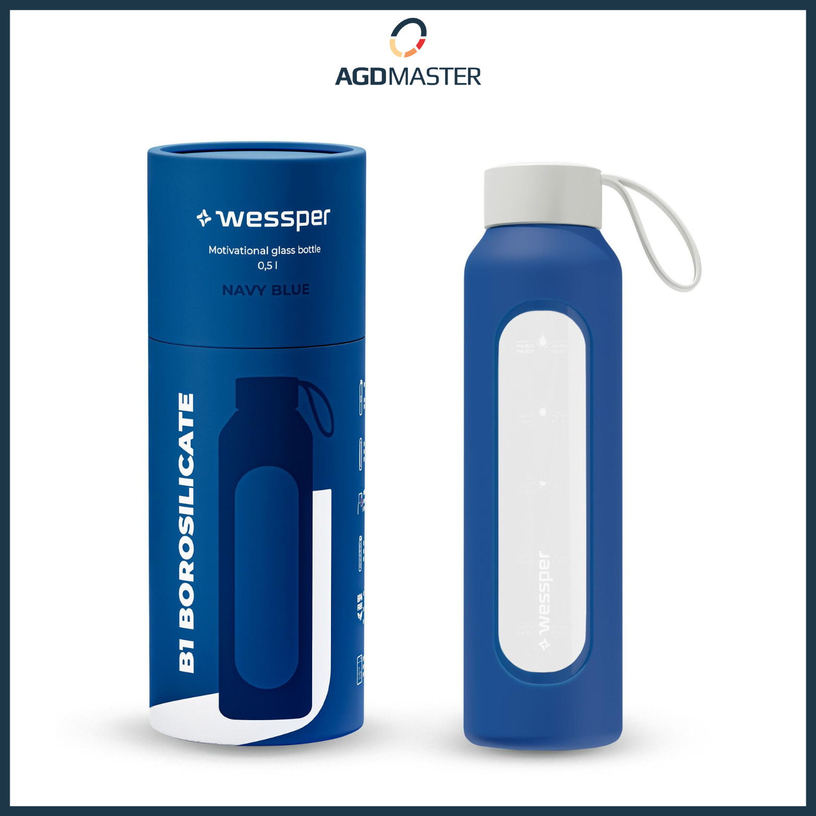 Wessper B1 BOROSILICATE Blue 0.5L Glass Drinking Bottle with Silicone Case,...
