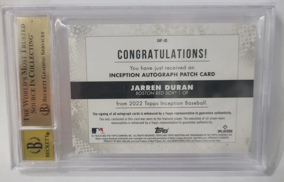 2022 Topps Inception Jarren Duran Player worn Jumbo Patch Autograph #'d 01/10 - Image 4 of 4