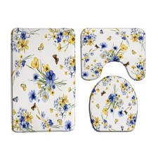 3 Piece Rustic Yellow Blue Flower Bath Mat Set for Bathroom