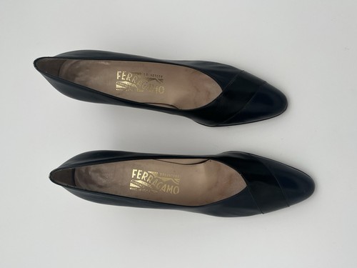 VTG SALVATORE FERRAGAMO DARK NAVY BLUE Black LEATHER HEELS PUMPS SHOES 11 AAAAA - Picture 5 of 10