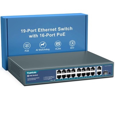 YuanLey 16 Port PoE Switch mit 2 Gigabit Ethernet Uplink, 1 SFP Port, 250W PoE