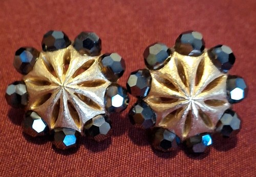 Vintage Krone Trifari goldfarben blau dunkle Strass Ohrclips...