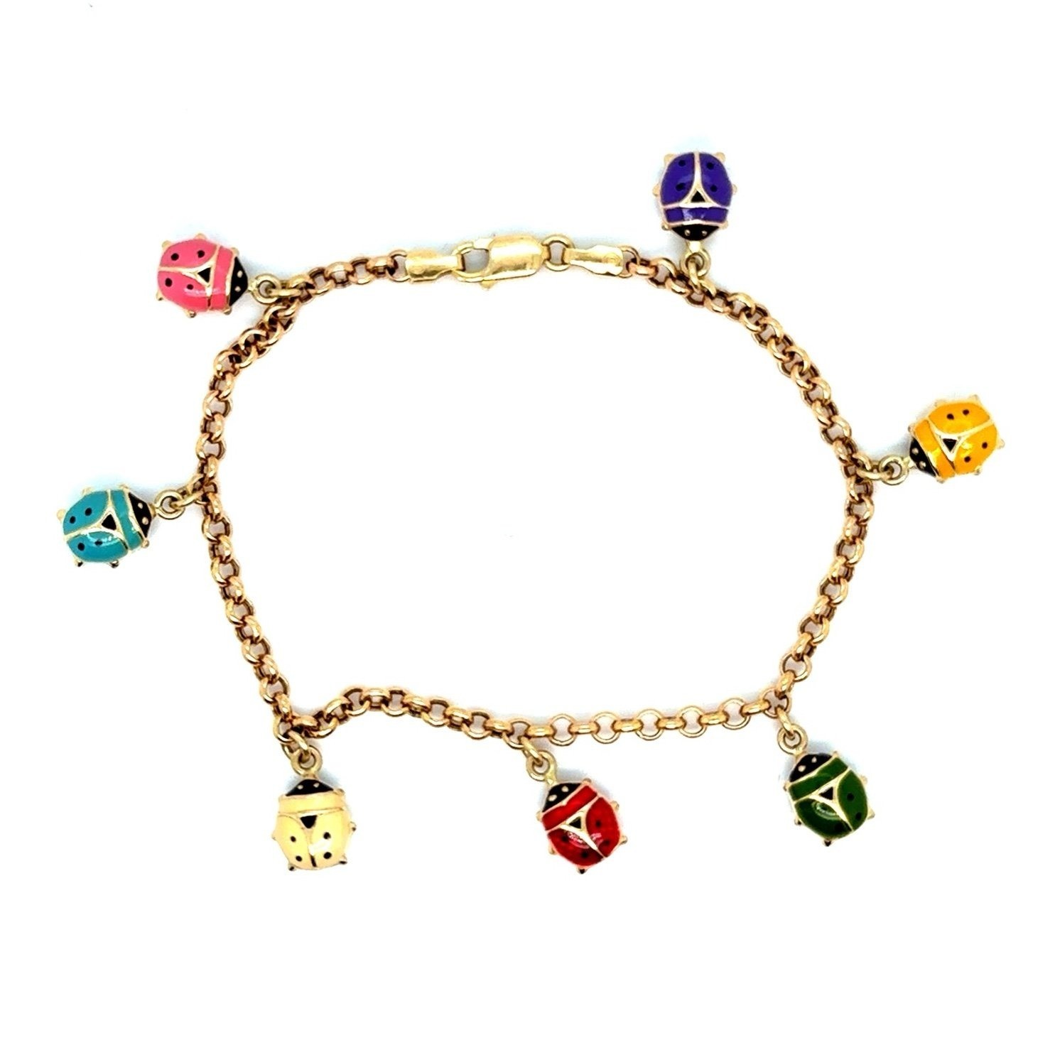 14K Gold 7-Multicolor Ladybug Charm Bracelet - image 1