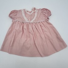 Vintage C.I. Castro Baby Dress 12M Pink Puff Sleeve Lace Trim Embroidered