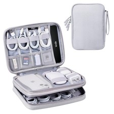 Light Grey Large Cable Organizer Bag Charger Cord Travel Case Tech Accessories