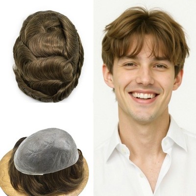 0.04mm Ultra Thin Skin Mens Toupee Human Hair System Black Brown Blonde Gray Wig