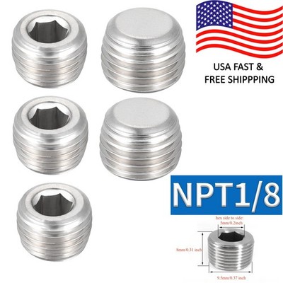 5 PACK 1/8'' NPT PIPE PLUG INTERNAL HEX MALE THREAD SOCKET STAINLESS STEEL SILVER